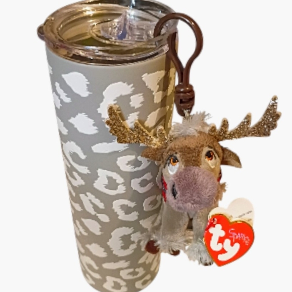 Stainless steel travel mug                            with reindeer keychain